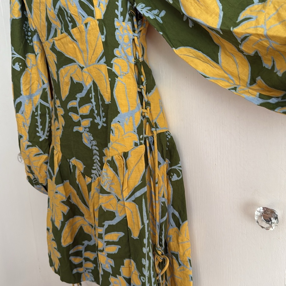 FARM RIO Foliage Sketch Green LongSleeve Linen MiniDress Tropical Lace-Up XL NWT - Picture 7 of 16